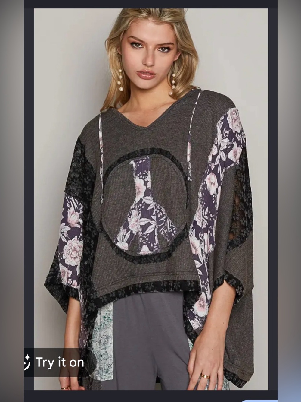 POL Peace Patchwork Top in Charcoal size large